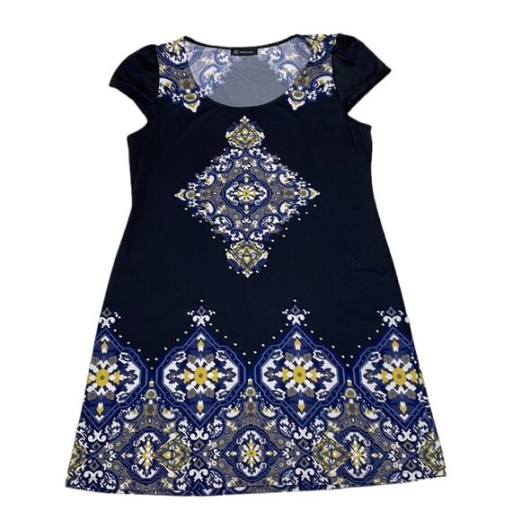 INC International Concepts Midi Dress Short Sleeve Paisley Black Blue Size Large - Picture 4 of 16